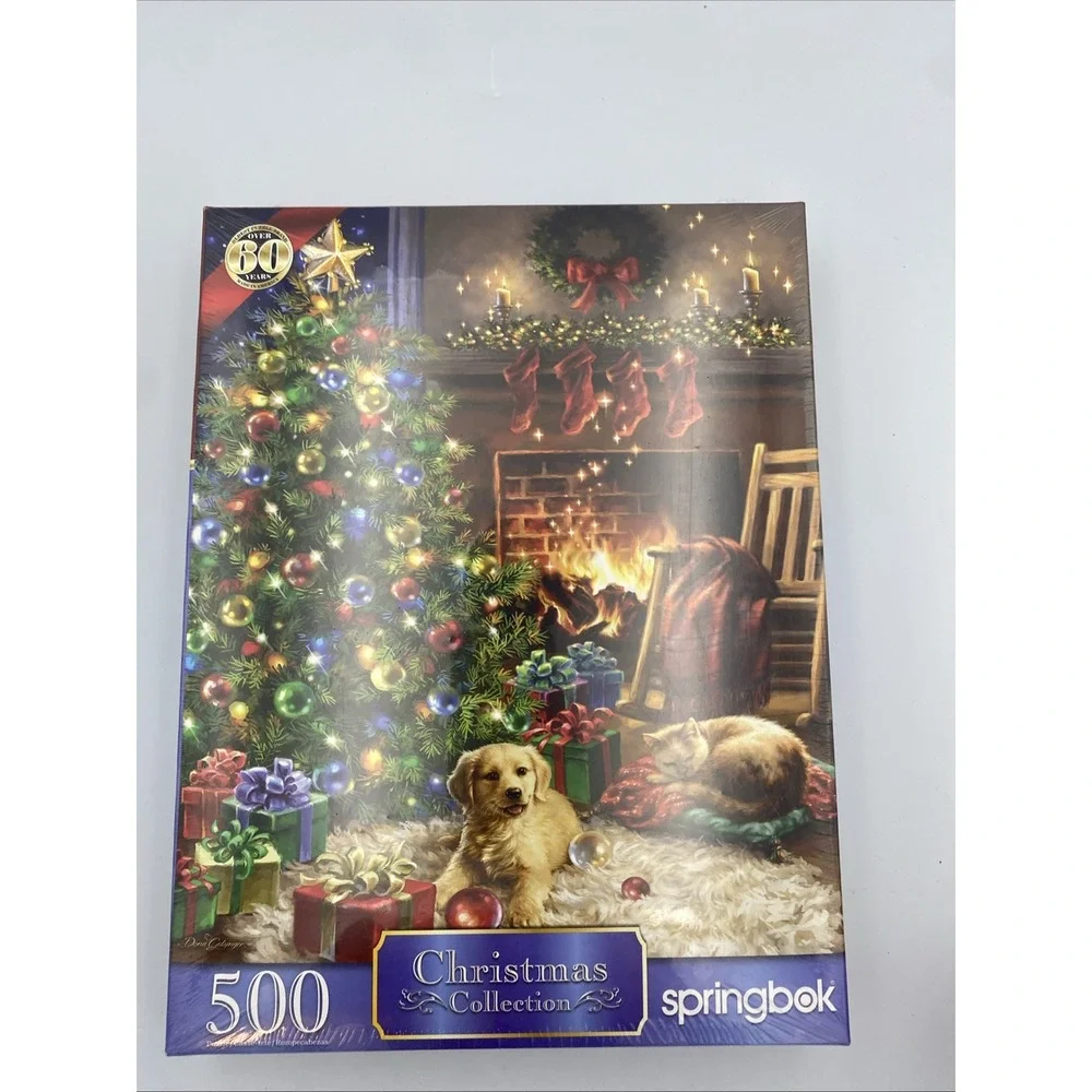Springbok Puzzle 500 Christmas Morning Golden Retriever Puppy Cat Fireplace NEW!